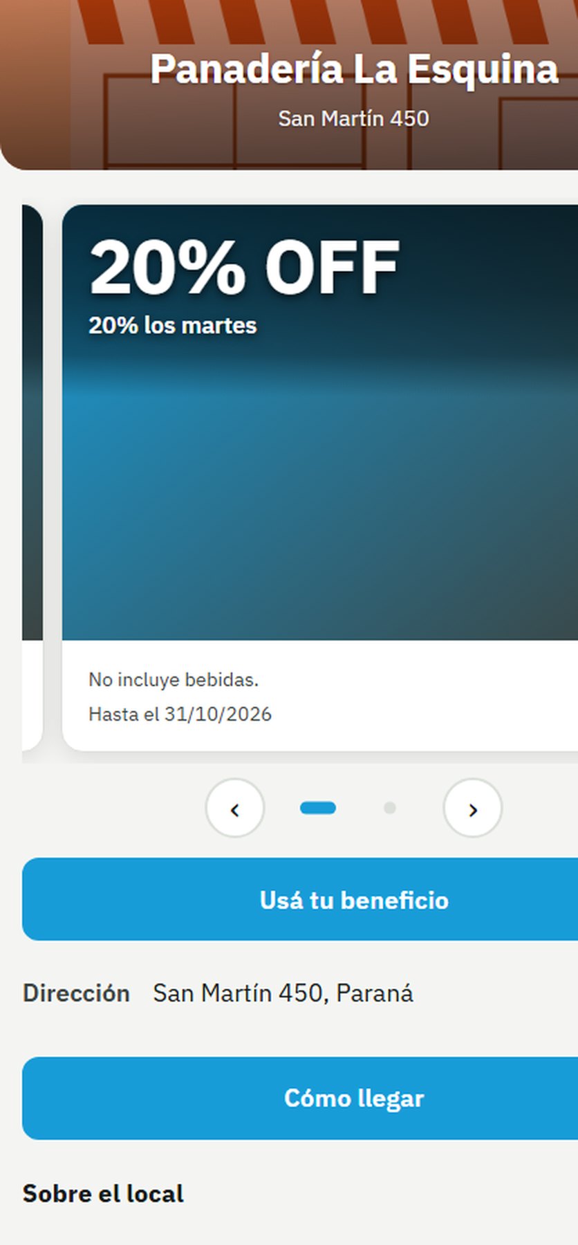 La vidriera digital de un comercio, con su promoción y los botones para usar el beneficio y para llegar al local