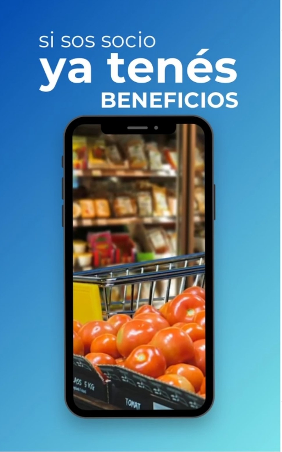 Pieza de SoySocio: «si sos socio ya tenés beneficios», con la aplicación abierta en un teléfono